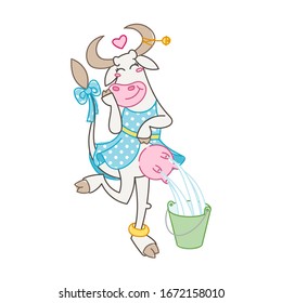 Happy cartoon smiling milking cow in cute dotted dress. Vector illustration of a silly cow, icon childish mascot isolated on white.