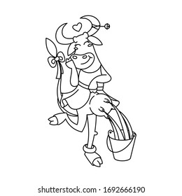 Happy cartoon smiling milking cow in cute dotted dress. Vector illustration of a silly cow, icon childish mascot isolated on white.