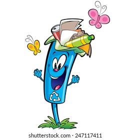 Happy cartoon smiling recycle garbage bin character . Reuse and ecycling plastic glass and paper garbage concept