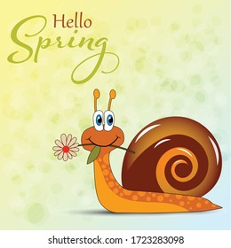 Happy Cartoon Snail With A Flower In Its Mouth On A Hill
