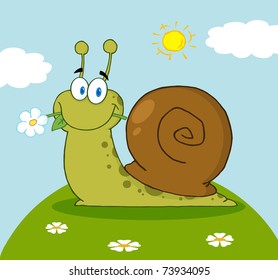 Happy Cartoon Snail With A Flower In Its Mouth On A Hill