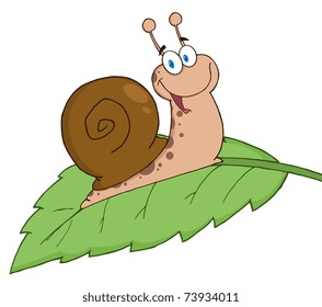 Happy Cartoon Snail On A Leaf