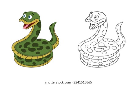 Feliz caricatura de serpiente con arte en línea, sketch de serpientes color menos página aislada en fondo blanco.