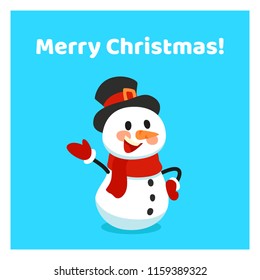 Happy Cartoon Snowman in Hat. Merry Christmas Winter Holiday Card with Snow Character. Vector Illustration