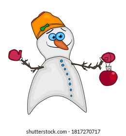 Happy cartoon snowman isolated on white background. Cute funny snowman with christmas bubble and an orange bucket on his head in flat style. Stock vector illustration