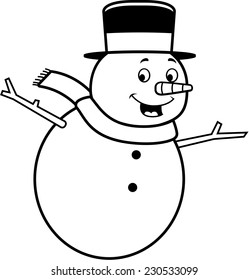 A happy cartoon snowman standing and smiling.