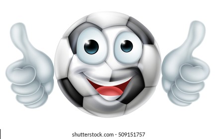 A happy cartoon soccer world football ball man mascot character doing a double thumbs up