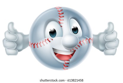 A happy cartoon softball or basketball ball man mascot character doing a double thumbs up