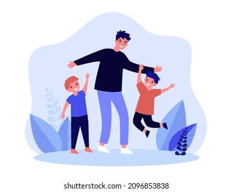 Happy cartoon sons jumping around father. Smiling man playing with children flat vector illustration. Family, fatherhood, love, childhood concept for banner, website design or landing web page