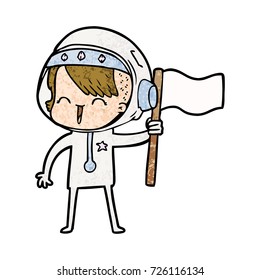 happy cartoon space girl holding flag