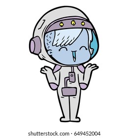 happy cartoon space girl shrugging shoulders
