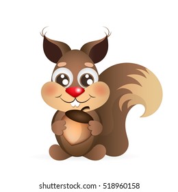 Happy cartoon squirrel running with an acorn.