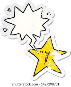 estrella de caricatura feliz con burbuja de habla angustiada pegatina vieja