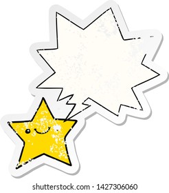 estrella de caricatura feliz con burbuja de habla angustiada pegatina vieja