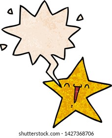 estrella de caricatura feliz con burbuja de habla en estilo de textura retro