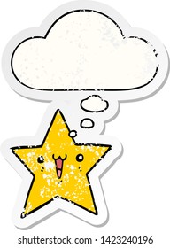 estrella de caricatura feliz con burbuja de pensamiento como pegatina gastada angustiada