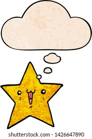 happy cartoon star with thought bubble in grunge texture style