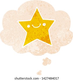 estrella de caricatura feliz con burbuja de pensamiento en un estilo retro angustiado con texturas estrafalarias