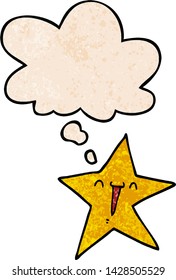 happy cartoon star with thought bubble in grunge texture style