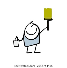 Happy cartoon stickman painting the walls in the house. Vector illustration of a worker holding a bucket of paint and a roller in his hand. Funny character and green creativity.
