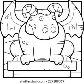 A happy cartoon stone gargoyle perched on a ledge.