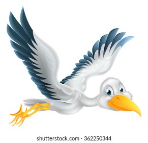 A happy cartoon stork bird animal character flying through the air