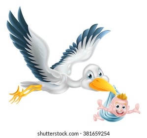 A happy cartoon stork bird animal character flying through the air holding a newborn baby. Classic myth of stork bird delivering a new born baby