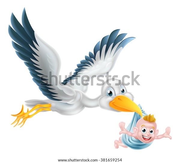 生まれたての赤ちゃんを抱いて空中を飛ぶ アニメのコウノトリの鳥の