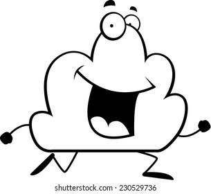 A happy cartoon storm cloud running and smiling.