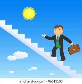 happy cartoon successful businessman climbing stairs up and invite