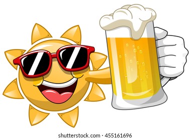Happy Cartoon Sun drinking Beer isolated