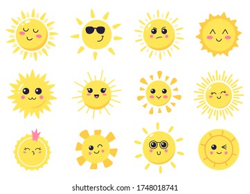 Happy cartoon sun. Hand drawn cute smiling suns, sunny happy characters, shining bright sun vector illustration symbols set. Sun and sunlight, sunshine smile cute, summer bright