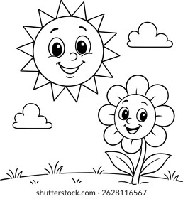 Happy cartoon sun and smiling flower in a grassy field with clouds in black and white line art for children