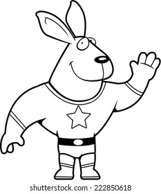 A happy cartoon superhero rabbit waving and smiling.