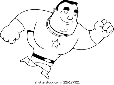 A happy cartoon superhero running and smiling.
