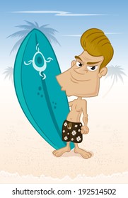 Happy cartoon surfer on the beach holding surf board vector illustration