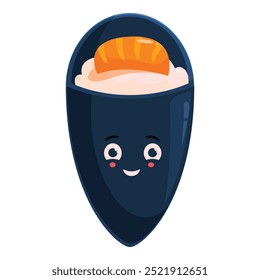 Fröhliche Cartoon-Sushi-Figur lächelnd mit einem Lachs und Reis Topping