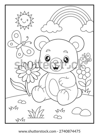 Happy Cartoon Teddy Bear in a Flower Garden Coloring Page for Kids. A joyful Animal sitting near a rainbow and butterflies. Children's coloring books, fun and educational materials.
