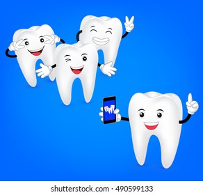 Happy cartoon teeth take photo by phone. Illustration dental care concept, great for health dental care concept