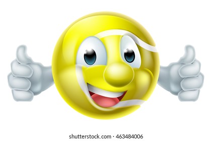 A happy cartoon tennis ball man mascot character doing a double thumbs up