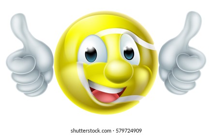 A happy cartoon tennis ball man mascot character doing a double thumbs up