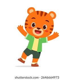 Happy Cartoon Tiger Cub Wearing Shirt Standing and Waving Hands on Isolated White Background