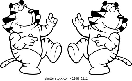 A happy cartoon tiger dancing and smiling.