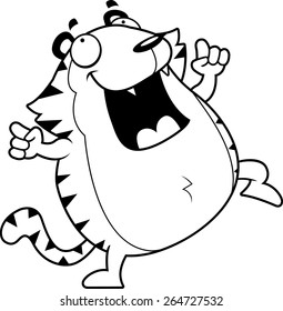 A happy cartoon tiger dancing and smiling.