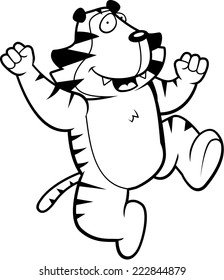 A happy cartoon tiger jumping and smiling.