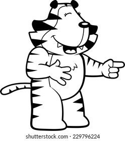 A happy cartoon tiger laughing and pointing.