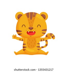 Happy cartoon tiger on white background. Vector illustration.