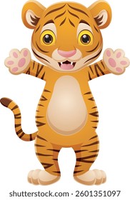 Happy cartoon tiger posing on white background