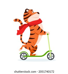 Happy cartoon tiger in red scarf rides a kick scooter. Holiday wild cat isolated on white background. Adorable orange striped character Smiling Chinese New Year 2022 symbol. Animal vector illustration