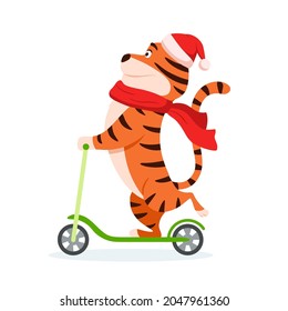 Happy cartoon tiger in Santa hat rides a kick scooter. Holiday wild cat isolated on white background. Adorable orange striped character Smiling Chinese New Year 2022 symbol. Animal vector illustration
